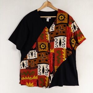 Dena Lauren Shirt Blouse 1X Black Multicolor Button Up Abstract Vintage Artsy